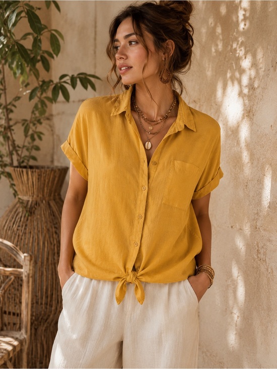 Ellen Tracy Tops - Ellen Tracy 100% Linen Mustard Yellow Tie Front Button Shirt XL Coastal Luxe
